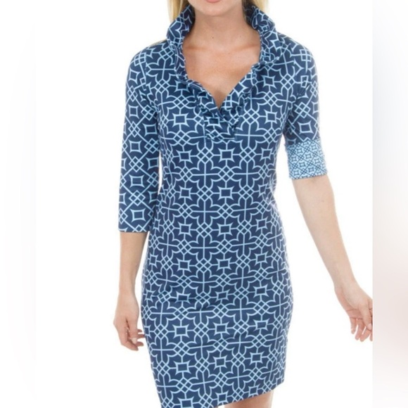 Gretchen Scott Ruffle Neck Blue Dress size XS HEMMED - Picture 1 of 15